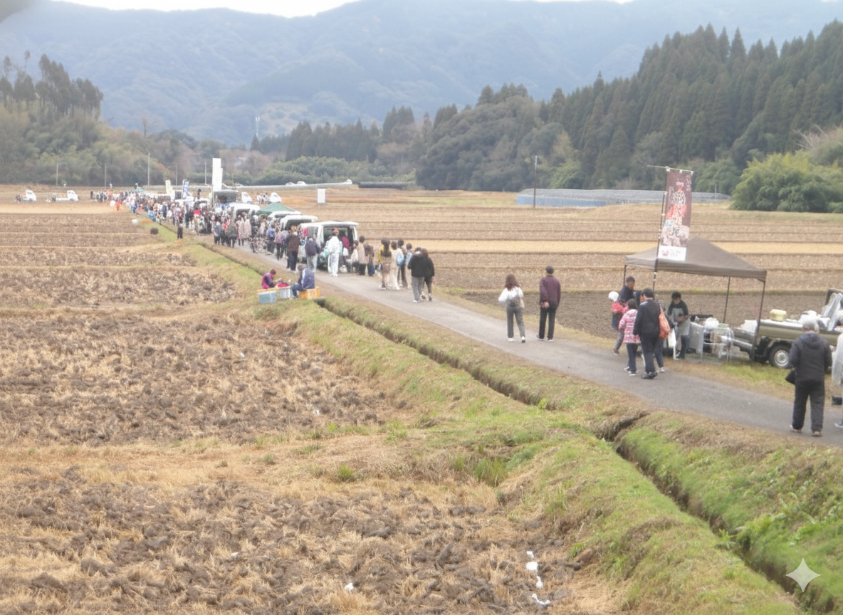 田んぼの農道に並んだ軽トラ