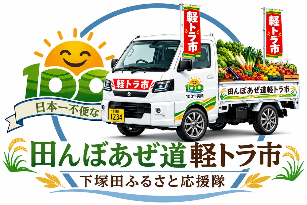 下塚田田んぼあぜ道軽トラ市 公式ロゴ（日本一不便な100 100年笑顔）