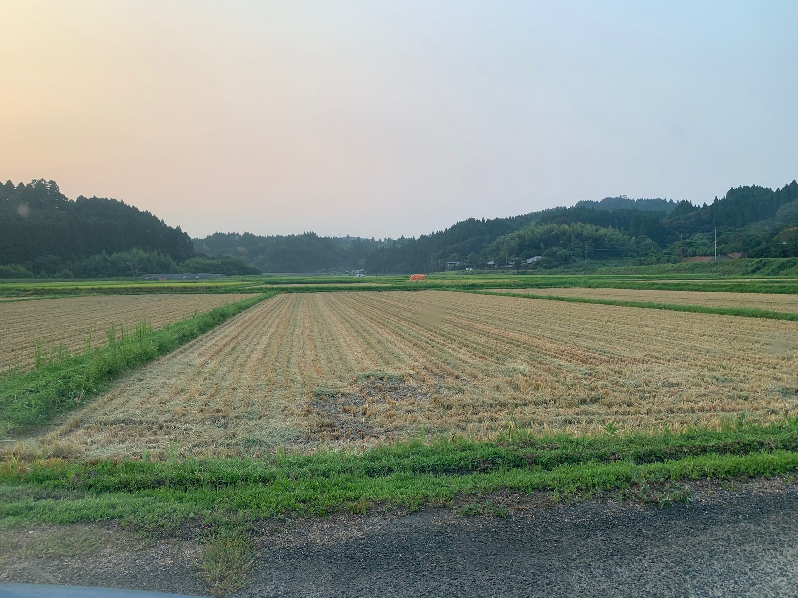 夕暮れどきの常幡圃場の全景